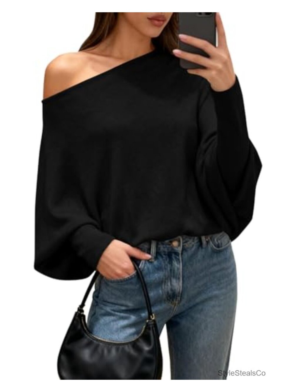 Off Shoulder Batwing Knit Sweater Women Loose Fit Casual Fall Pullover